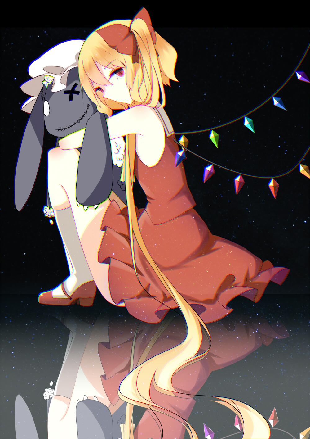 1girl asymmetrical_hair blonde_hair chromatic_aberration crystal flandre_scarlet freeze_(867139) full_body hair_ribbon hat highres hug kneehighs looking_at_viewer mary_janes mob_cap no_mouth red_eyes reflection ribbon shirt shoes side_ponytail sitting skirt skirt_set sleeveless solo stuffed_animal stuffed_bunny stuffed_toy touhou white_legwear wings