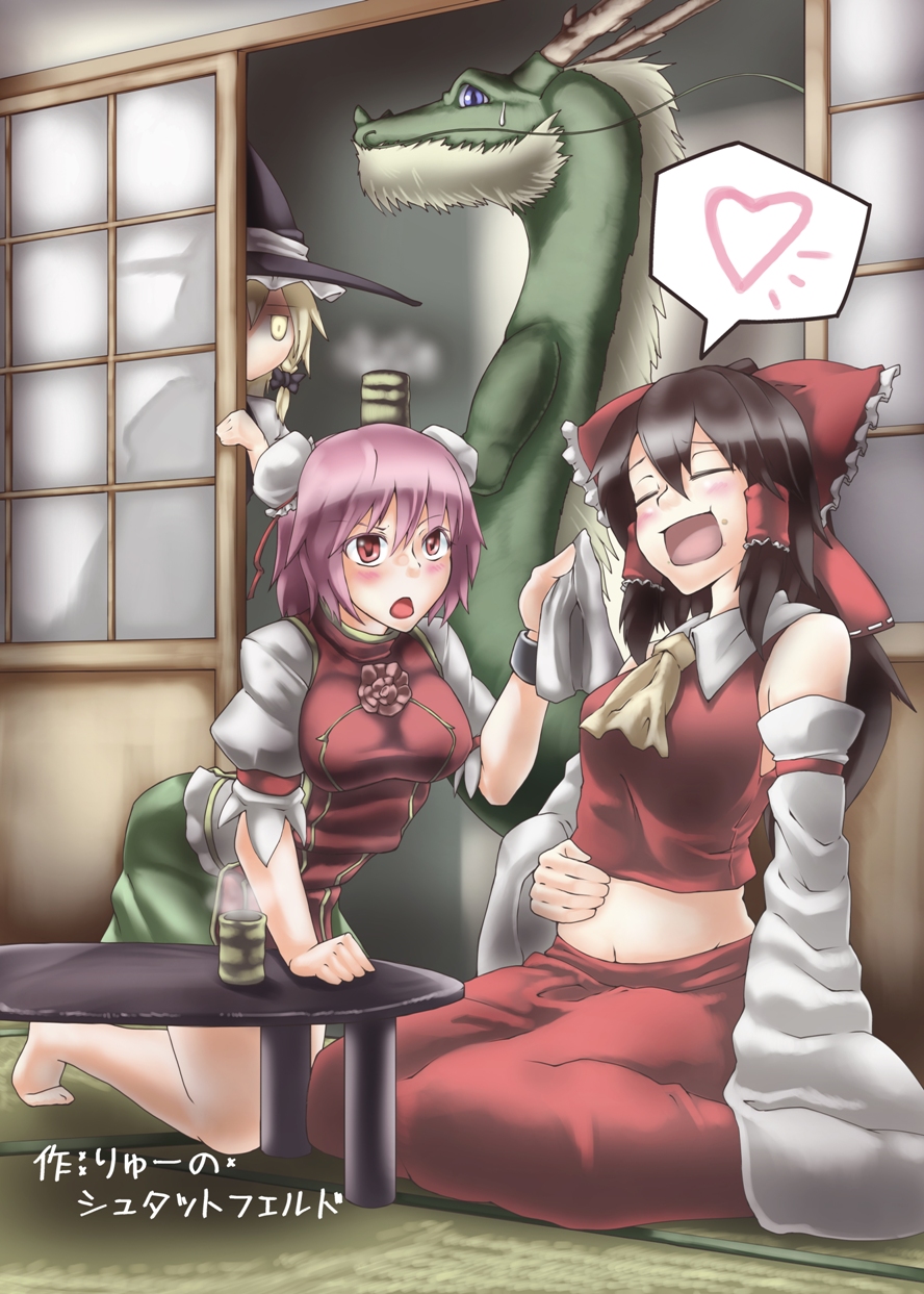 3girls :d =_= arm_garter ascot black_bow blush bow bun_cover cup detached_sleeves double_bun dragon eastern_dragon flower groin hair_bow hair_tubes hakurei_reimu hand_on_own_stomach hat heart highres ibaraki_kasen indoors kirisame_marisa kneeling koutei_(touhou) long_sleeves multiple_girls napkin navel open_mouth peeking pink_rose red_bow rose ryuuno_stadtfeld short_sleeves smile spoken_heart sweatdrop tabard table tea teacup touhou translation_request wide_sleeves witch_hat yunomi