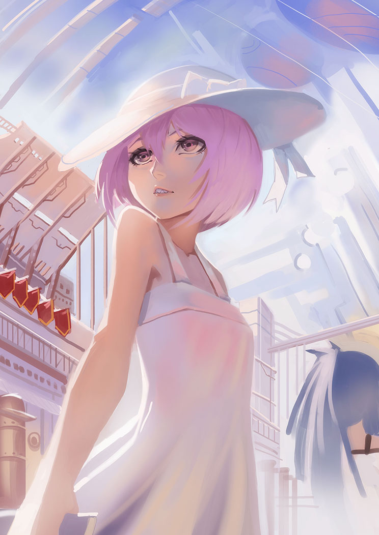 1girl dress hair_between_eyes hat original pink_eyes pink_hair sharp_teeth short_hair solo sun_hat sundress teeth white_dress zakusi