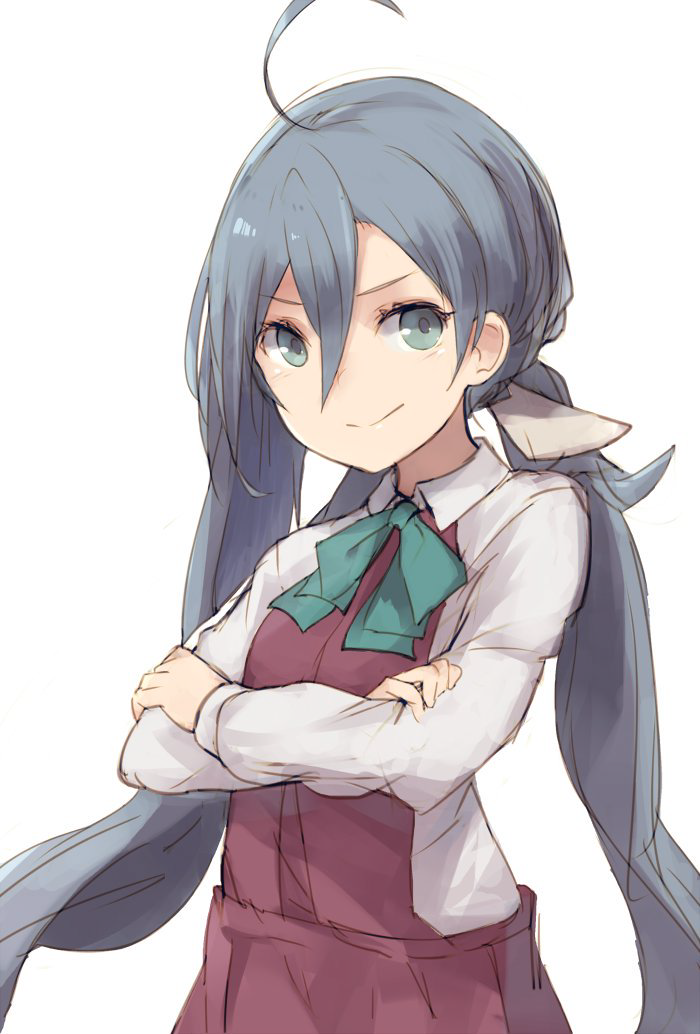 1girl ahoge crossed_arms grey_hair hair_between_eyes hair_ribbon kantai_collection kiyoshimo_(kantai_collection) long_hair ribbon roll_okashi school_uniform simple_background smile smug solo twintails upper_body very_long_hair white_background