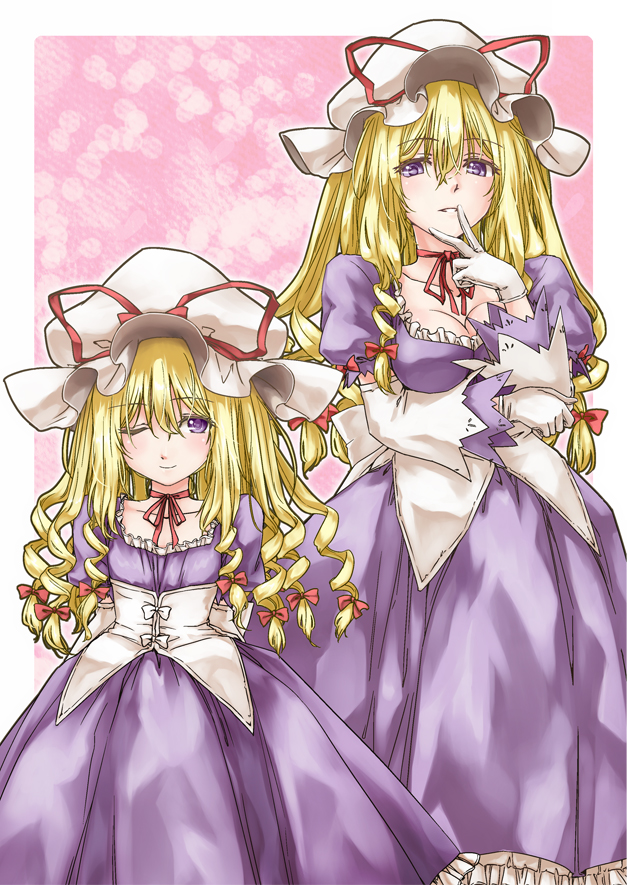 2girls abo_(hechouchou) blonde_hair blush bow breasts choker cleavage corset detached_sleeves dress drill_hair dual_persona gloves hair_bow hair_ribbon hat hat_ribbon height_difference long_hair long_sleeves mob_cap multiple_girls one_eye_closed parted_lips puffy_short_sleeves puffy_sleeves purple_dress red_bow red_ribbon ribbon ribbon_choker short_sleeves smile touhou tress_ribbon violet_eyes white_gloves yakumo_yukari