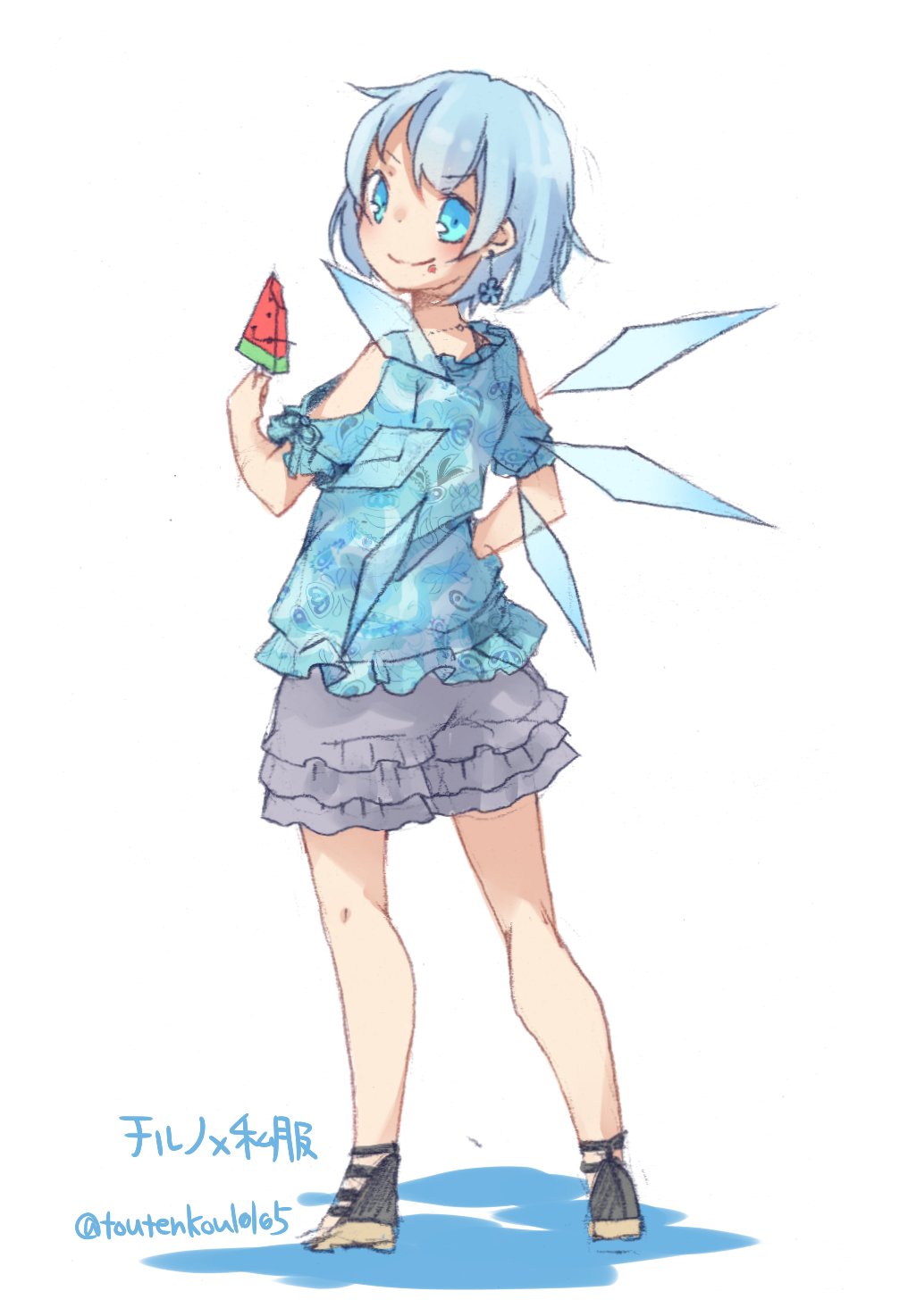 1girl alternate_costume bare_shoulders blue_eyes blue_hair character_name cirno contemporary earrings food food_on_face from_behind fruit full_body highres ice ice_wings jewelry layered_skirt looking_at_viewer looking_back popsicle puffy_sleeves sandals shirt short_hair short_sleeves shoulder_cutout simple_background skirt smile solo text touhou toutenkou twitter_username watermelon watermelon_bar white_background wings