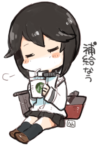 1girl black_hair black_legwear black_skirt blush_stickers brown_shoes closed_eyes drinking drinking_straw hayasui_(kantai_collection) holding jacket kano_(coyotehunt) kantai_collection kneehighs loafers long_sleeves lowres machinery miniskirt pleated_skirt shoes short_hair sitting skirt solo track_jacket