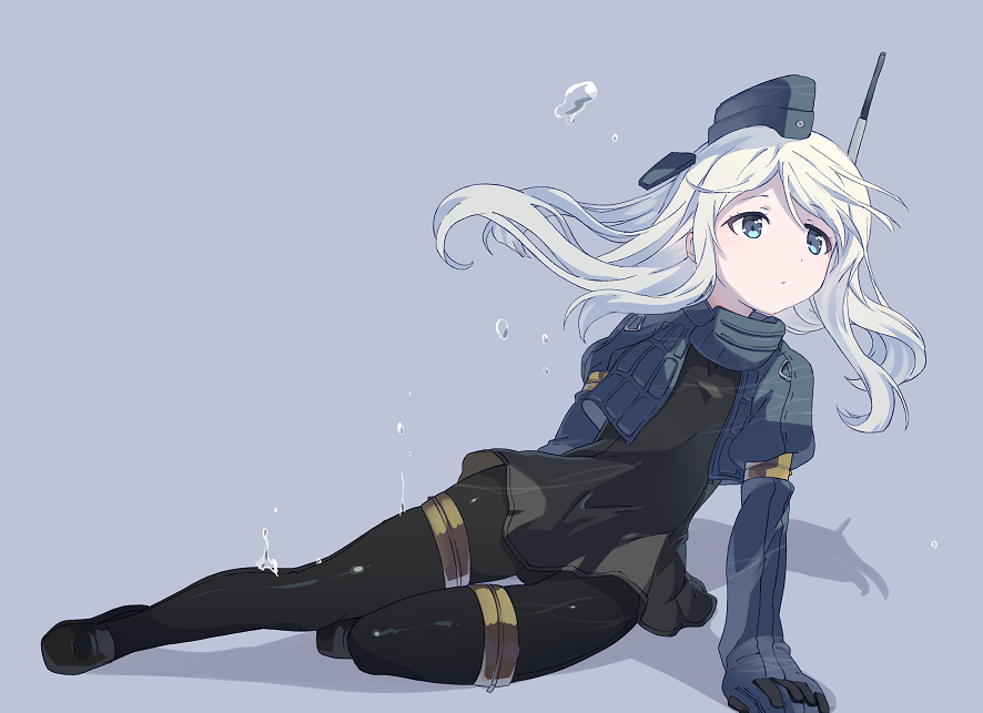 1girl arm_at_side arm_support asaoka_(0x0) bangs black_dress black_legwear black_shoes blue_background blue_eyes closed_mouth cropped_jacket dress floating_hair garrison_cap gloves hat kantai_collection leaning_to_the_side long_hair looking_away looking_to_the_side pantyhose puffy_sleeves radio_antenna shadow shoes simple_background sitting solo swept_bangs thigh_gap u-511_(kantai_collection) white_hair yokozuwari