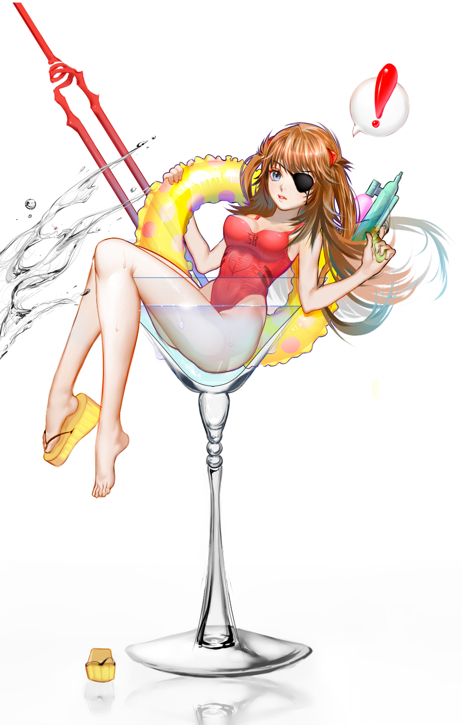 ! 1girl adapted_costume alcohol bare_legs barefoot blue_eyes brown_hair cocktail cocktail_glass cup drink drinking_glass evangelion:_3.0_you_can_(not)_redo eyepatch feet floating_hair full_body ghost hair_ornament highres lance_of_longinus legs lips long_hair long_legs looking_at_viewer neon_genesis_evangelion one-piece_swimsuit orange_hair rebuild_of_evangelion reflection simple_background single_shoe sitting solo souryuu_asuka_langley speech_bubble spoken_exclamation_mark swimsuit thighs toes water wet white_background