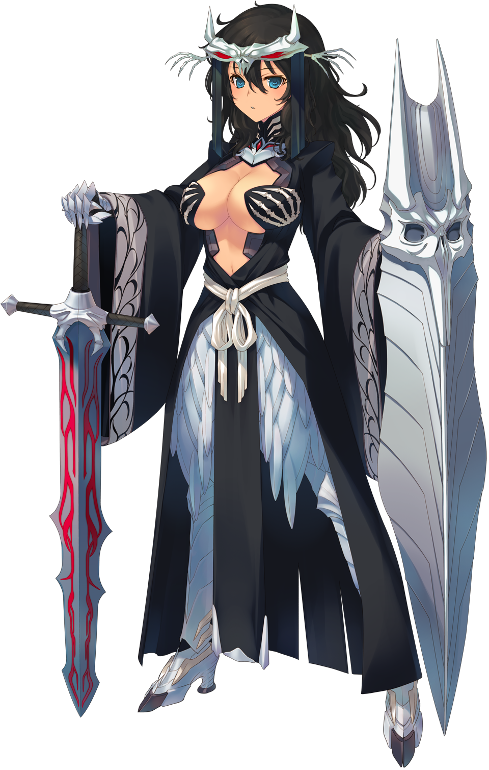 1girl aquaplus armor armored_dress bou breasts cleavage dark_skin detached_sleeves dungeon_travelers_2 full_body hair_ornament highres long_hair looking_at_viewer shield solo standing sword thigh-highs transparent_background weapon wide_sleeves