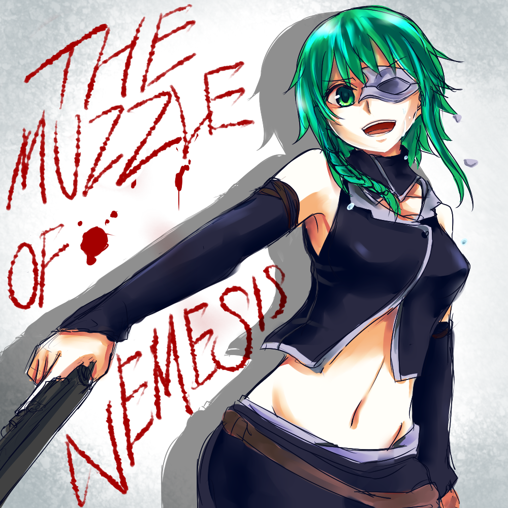 1girl braid broken_mask crop_top crossdraw_holster crying crying_with_eyes_open detached_collar detached_sleeves domino_mask evillious_nendaiki from_side green_eyes green_hair gumi gun handgun holster laughing mask nemesis_no_juukou_(vocaloid) revolver seasnow side_braid solo song_name tears vocaloid weapon