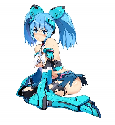 1girl armor armored_boots ass blue_eyes blue_hair breasts broken_armor cosmic_break cosmic_break_2 defeated full_body headgear kneeling large_breasts lily_rain mecha_musume official_art solo thigh-highs torn_clothes twintails wakaba