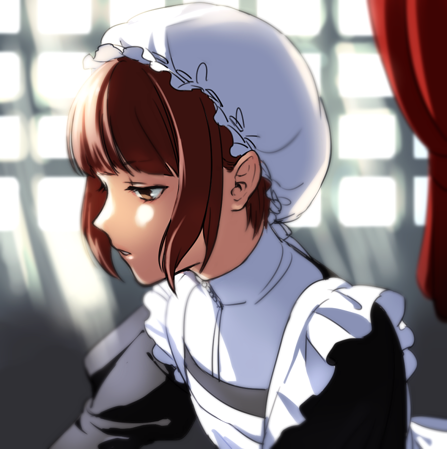 1girl alternate_costume apron auburn_hair bangs blunt_bangs blurry brown_eyes curtains depth_of_field enmaided eyebrows eyebrows_visible_through_hair eyelashes flat_chest frills from_side hat headdress juliet_sleeves kantai_collection long_sleeves maid maid_apron maid_cap nonomori parted_lips profile puffy_sleeves shade short_hair sidelocks sketch solo upper_body window z3_max_schultz_(kantai_collection)