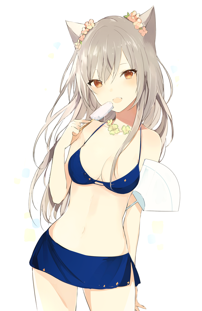 1girl animal_ears arm_behind_back bare_arms bare_shoulders bikini bikini_skirt blue_bikini blush clover contrapposto cowboy_shot eating fan flower flower_necklace four-leaf_clover grey_hair hair_between_eyes hair_flower hair_ornament jewelry long_hair looking_at_viewer lp_(hamasa00) lpip necklace open_mouth orange_eyes original popsicle simple_background solo swimsuit white_background