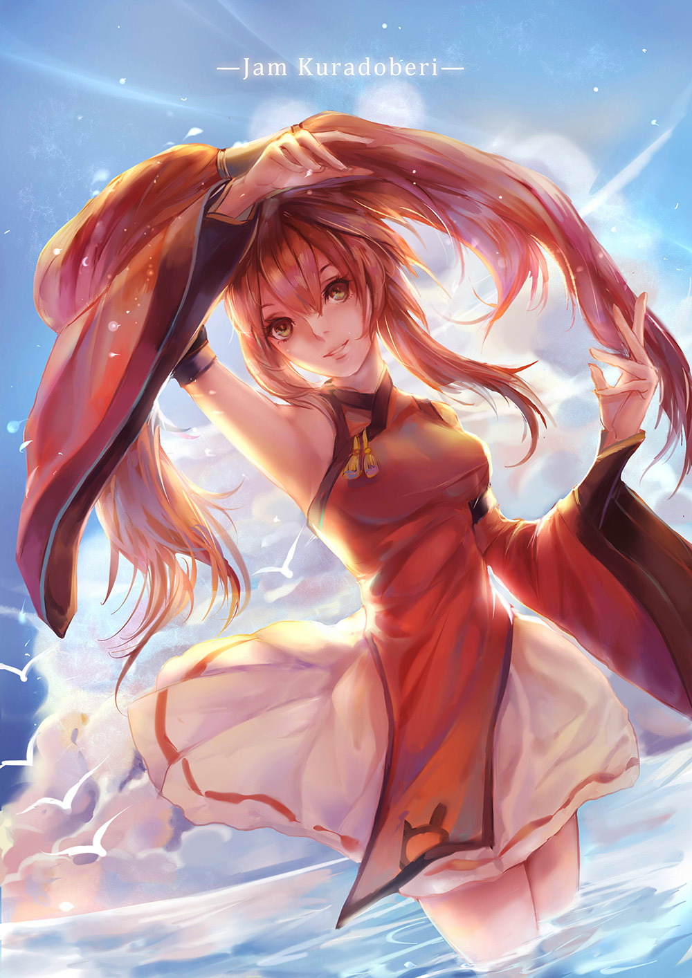 1girl bare_shoulders blue_sky breasts brown_hair character_name china_dress chinese_clothes detached_sleeves dress guilty_gear highres kuradoberi_jam long_hair pose sidelocks sindomizuki skirt sky smile solo twintails wading water wide_sleeves