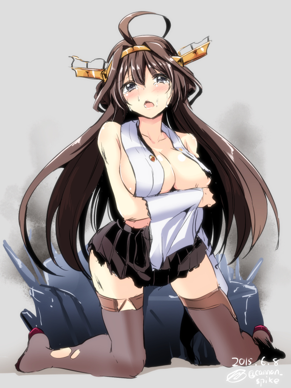 1girl ahoge bare_shoulders black_eyes black_skirt blush breast_hold breasts brown_hair brown_legwear cleavage collarbone crying crying_with_eyes_open dated double_bun full_body gin'ichi_(akacia) hairband headgear japanese_clothes kantai_collection kneeling kongou_(kantai_collection) large_breasts long_hair looking_at_viewer no_bra nontraditional_miko nose_blush open_mouth pleated_skirt signature skirt solo tears thigh-highs torn_clothes torn_thighhighs twitter_username