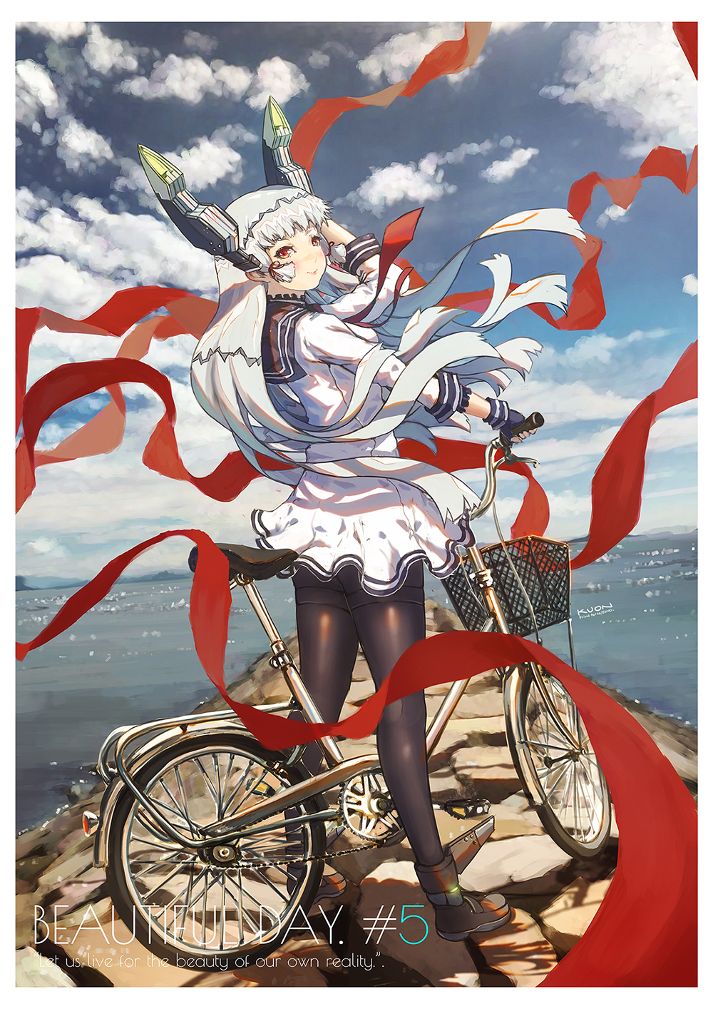 1girl ankle_boots bangs between_legs bicycle bicycle_basket black_boots black_legwear blue_gloves blue_sky blunt_bangs boots clouds dress fingerless_gloves floating_hair from_side full_body gloves ground_vehicle hair_ribbon hand_on_own_head hand_up head_tilt headgear highres holding kantai_collection kuon_(kwonchanji) long_hair murakumo_(kantai_collection) ocean orange_eyes outdoors outstretched_arm panties panties_under_pantyhose pantyhose remodel_(kantai_collection) ribbon sailor_dress shade shadow short_dress sidelocks silver_hair sky sleeves_past_elbows smile solo standing text thighband_pantyhose tress_ribbon underwear white_border white_dress wind