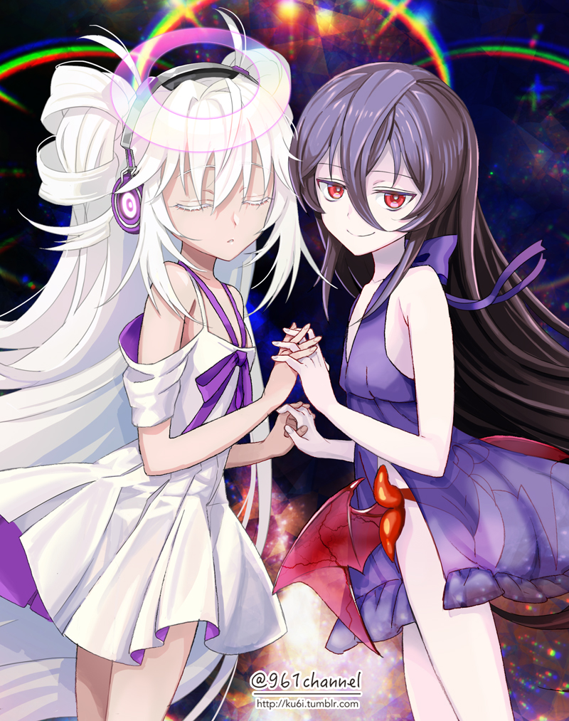 2girls azathoth bangs bare_shoulders black_hair borrowed_character bow closed_eyes colored_eyelashes cthulhu_mythos dress flat_chest hair_between_eyes halo hand_holding headphones interlocked_fingers kuroi long_hair looking_at_viewer looking_to_the_side multiple_girls nyarlathotep original popia_jashin purple_dress red_eyes redhead ribbon see-through smile twitter_username very_long_hair watermark web_address white_dress white_hair wings