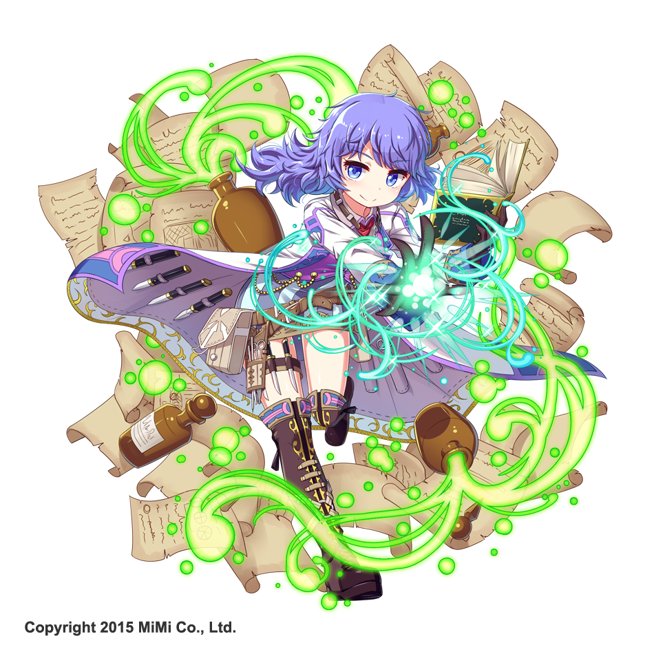 1girl bangs belt blue_eyes blueberry_(5959) book boots coat company_name eyebrows eyebrows_visible_through_hair full_body gloves glowing holding holding_book knife long_hair looking_at_viewer official_art one_leg_raised open_book outstretched_arm paper pot purple_hair scissors shinyaku_arcana_slayer simple_background smile solo sparkle white_background