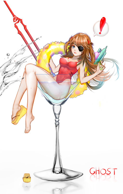 ! adapted_costume alcohol bangs blue_eyes brown_hair cocktail cocktail_glass cup drink drinking_glass evangelion:_3.0_you_can_(not)_redo eyepatch flip-flops ghost hair_ornament in_container in_cup innertube lance_of_longinus lipstick long_hair makeup neon_genesis_evangelion one-piece_swimsuit oversized_object partially_submerged rebuild_of_evangelion red_lipstick red_swimsuit reflection sandals single_shoe sitting souryuu_asuka_langley splashing spoken_exclamation_mark swimsuit very_long_hair water_gun white_background