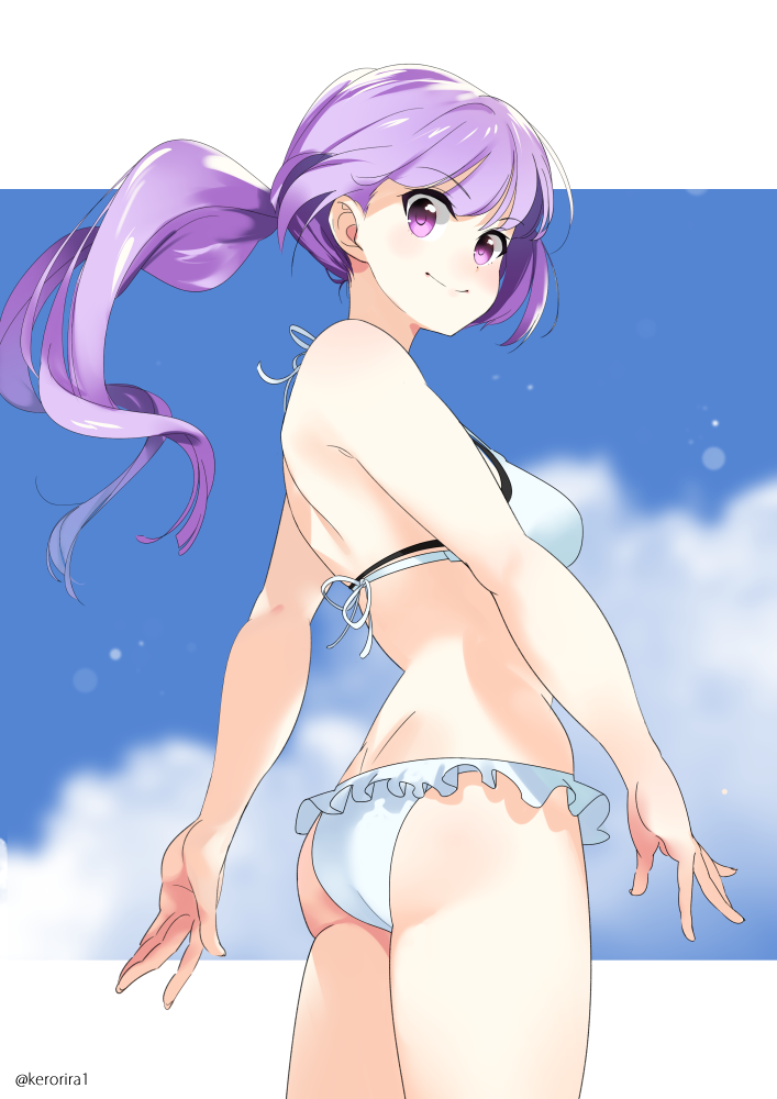 1girl ass bikini from_behind kerorira long_hair nishikawa_youko ponytail purple_hair sansha_san'you swimsuit violet_eyes