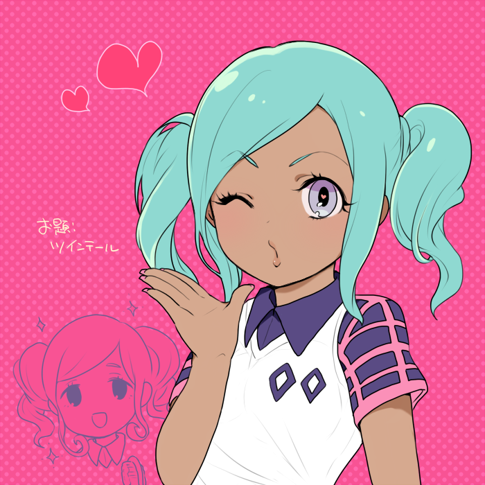 1girl aqua_hair blown_kiss face female heart ibashi_roni inazuma_eleven inazuma_eleven_(series) looking_at_viewer one_eye_closed oosaka_gals partially_colored pink_background short_twintails soccer_uniform solo sportswear twintails upper_body urabe_rika