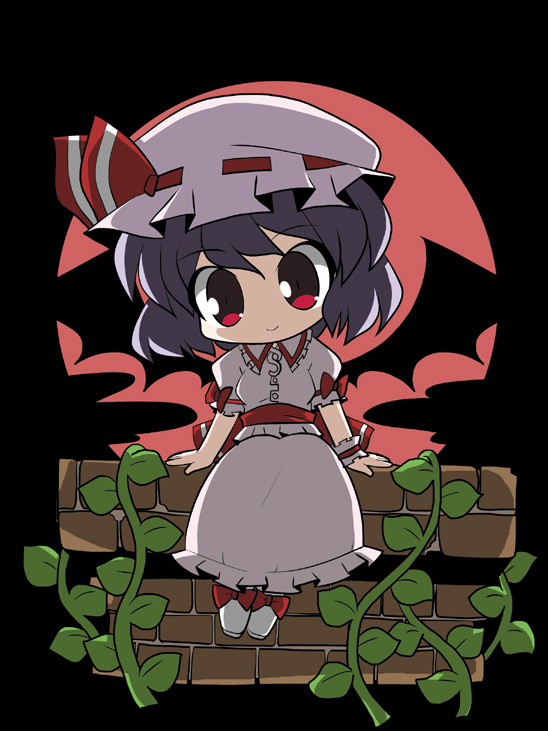 1girl backlighting bangs bat_wings black_background blue_hair bow brick_wall chibi dress eyebrows eyebrows_visible_through_hair frilled_shirt_collar frills full_body hat hat_ribbon mob_cap moon night night_sky osaragi_mitama plant puffy_short_sleeves puffy_sleeves red_bow red_eyes red_moon red_ribbon remilia_scarlet ribbon short_hair short_sleeves sittin sky smile solo touhou vines wings wrist_cuffs