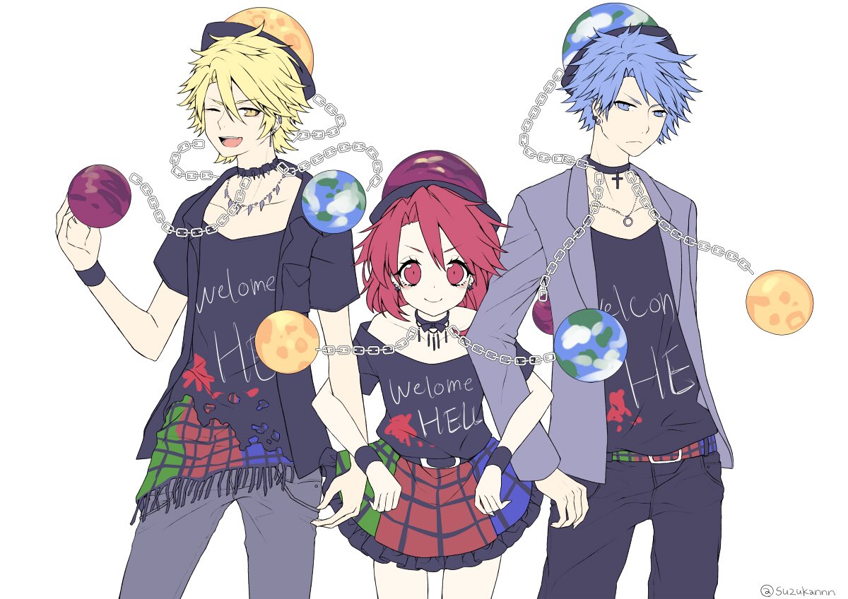 1girl 2boys bare_shoulders belt blonde_hair blue_eyes blue_hair boy_sandwich chains clothes_writing collar collarbone cross cross_necklace ear_piercing earth_(ornament) genderswap genderswap_(ftm) hat hecatia_lapislazuli jacket jewelry kyouda_suzuka locked_arms long_sleeves looking_at_viewer moon_(ornament) multiple_boys multiple_persona necklace open_mouth pants piercing polos_crown red_eyes redhead sandwiched shirt short_hair short_sleeves simple_background skirt smile spiked_collar spikes t-shirt touhou twitter_username white_background wrist_cuffs yellow_eyes