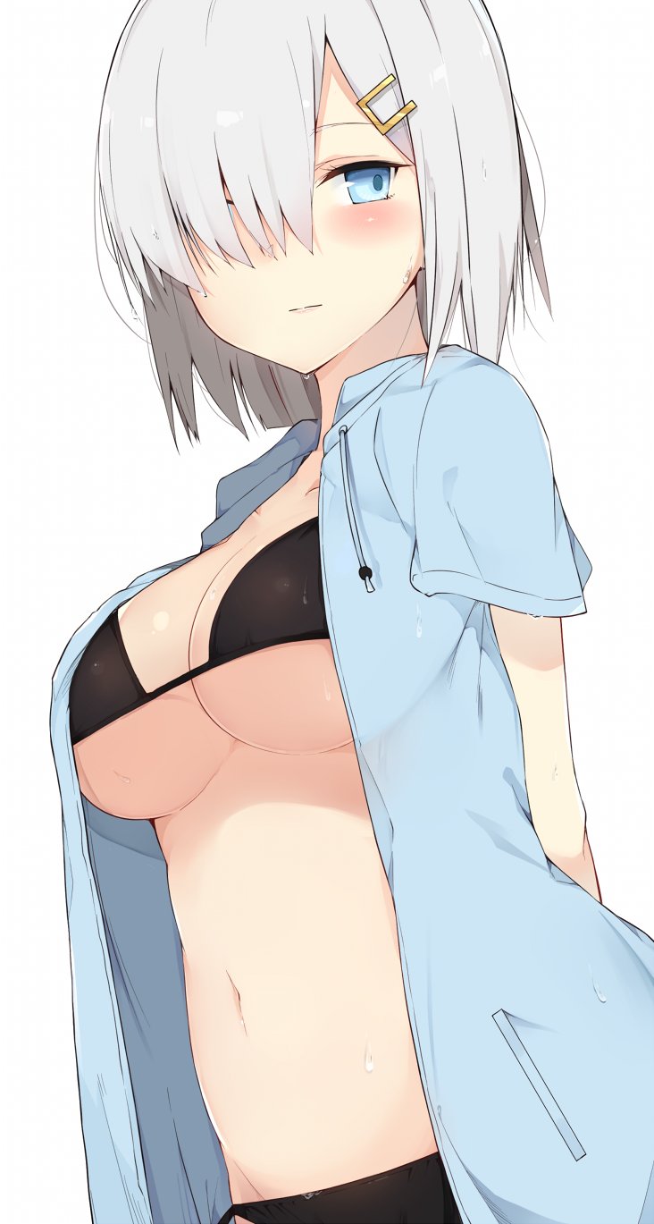 1girl arms_behind_back bikini black_bikini blue_eyes blush breasts cardigan cole collarbone hair_ornament hair_over_one_eye hairclip hamakaze_(kantai_collection) highres kantai_collection looking_away navel open_cardigan open_clothes short_sleeves silver_hair simple_background solo string_bikini sweat swimsuit white_background