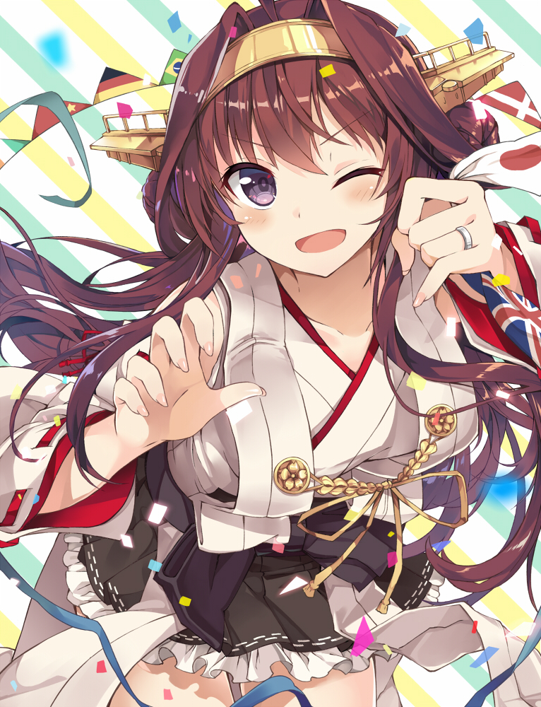 1girl ;d ahoge bare_shoulders blush brazilian_flag brown_hair cowboy_shot detached_sleeves double_bun frilled_skirt frills german_flag grey_skirt hairband headgear japanese_clothes japanese_flag jewelry kantai_collection kongou_(kantai_collection) long_hair myuton nail_polish nontraditional_miko one_eye_closed open_mouth people's_republic_of_china_flag pleated_skirt ribbon-trimmed_sleeves ribbon_trim ring skirt smile solo union_jack violet_eyes wedding_band