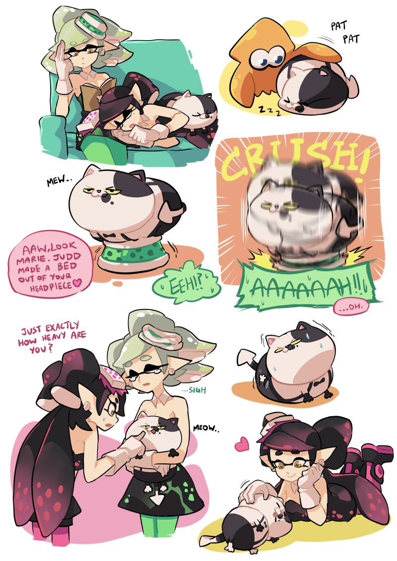 2girls aori_(splatoon) bare_shoulders black_dress black_hair bow comic detached_collar domino_mask dress earrings english food food_on_head hair_bow hat hotaru_(splatoon) inkling jajji-kun_(splatoon) jewelry long_hair lying mask multiple_girls nintendo object_on_head on_stomach pointy_ears reading short_hair silver_hair sitting sleeping sleeping_on_person splatoon strapless sweatdrop teardrop tentacle_hair wong_ying_chee