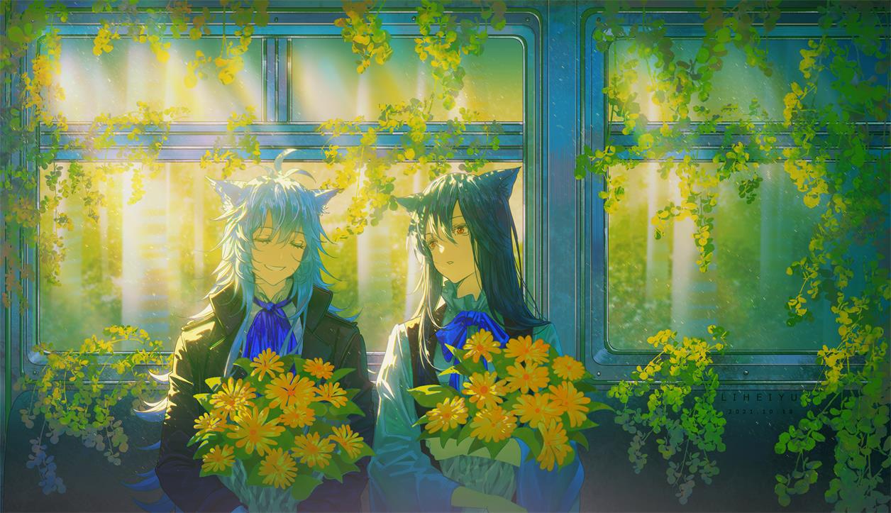 2girls anhei_dabai animal_ears arknights artist_name ascot bangs black_hair black_jacket black_vest blue_ascot blue_bow blue_bowtie bouquet bow bowtie couple dated day eyelashes facing_viewer flipped_hair flower frilled_shirt_collar frills hair_between_eyes holding holding_bouquet jacket lappland_(arknights) long_hair long_sleeves looking_at_another looking_away looking_to_the_side multiple_girls parted_lips plant red_eyes side-by-side silver_hair smile sunlight tail texas_(arknights) train_interior upper_body vest vines window wolf_ears wolf_tail yellow_flower yuri