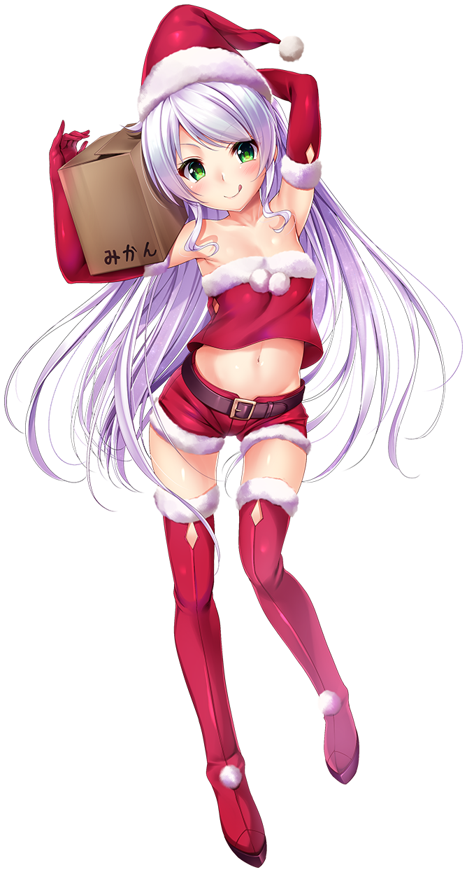 1girl :q armpits arms_up bare_shoulders boots breasts collarbone elbow_gloves full_body fur_trim gloves green_hair hat highres lavender_hair long_hair midriff navel nironiro red_gloves red_legwear santa_hat short_shorts shorts small_breasts solo thigh-highs thigh_boots tongue tongue_out transparent_background very_long_hair