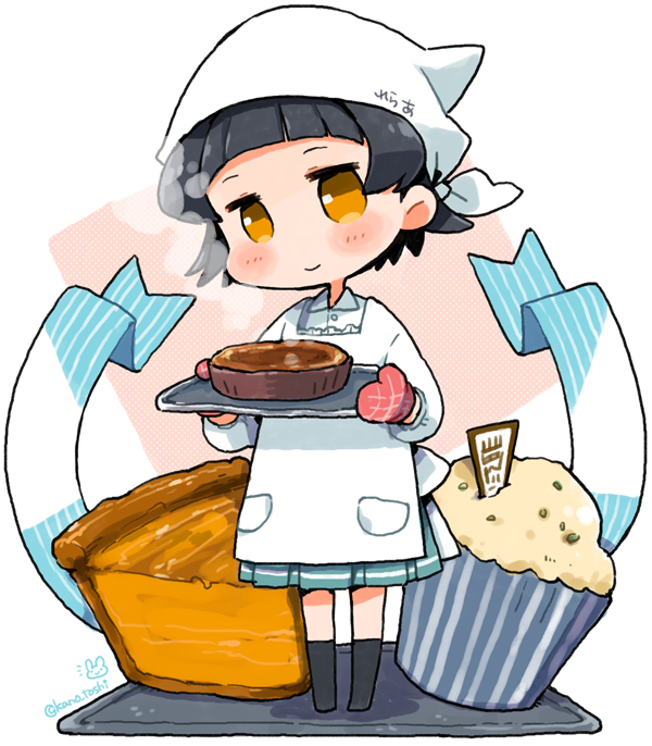 1girl alternate_headwear apron arare_(kantai_collection) black_hair black_legwear blush_stickers brown_eyes food food_request head_scarf holding_tray kano_(coyotehunt) kantai_collection kappougi kneehighs long_sleeves looking_at_viewer mittens muffin oven_mitts short_hair skirt smile solo standing steam tenugui tray