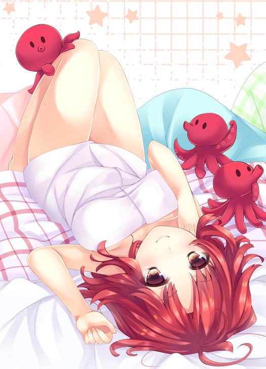 1girl ajiriko arm_up blanket bottomless breasts looking_at_viewer lying naked_towel octopus on_back original pillow red_eyes redhead smile solo star towel upside-down