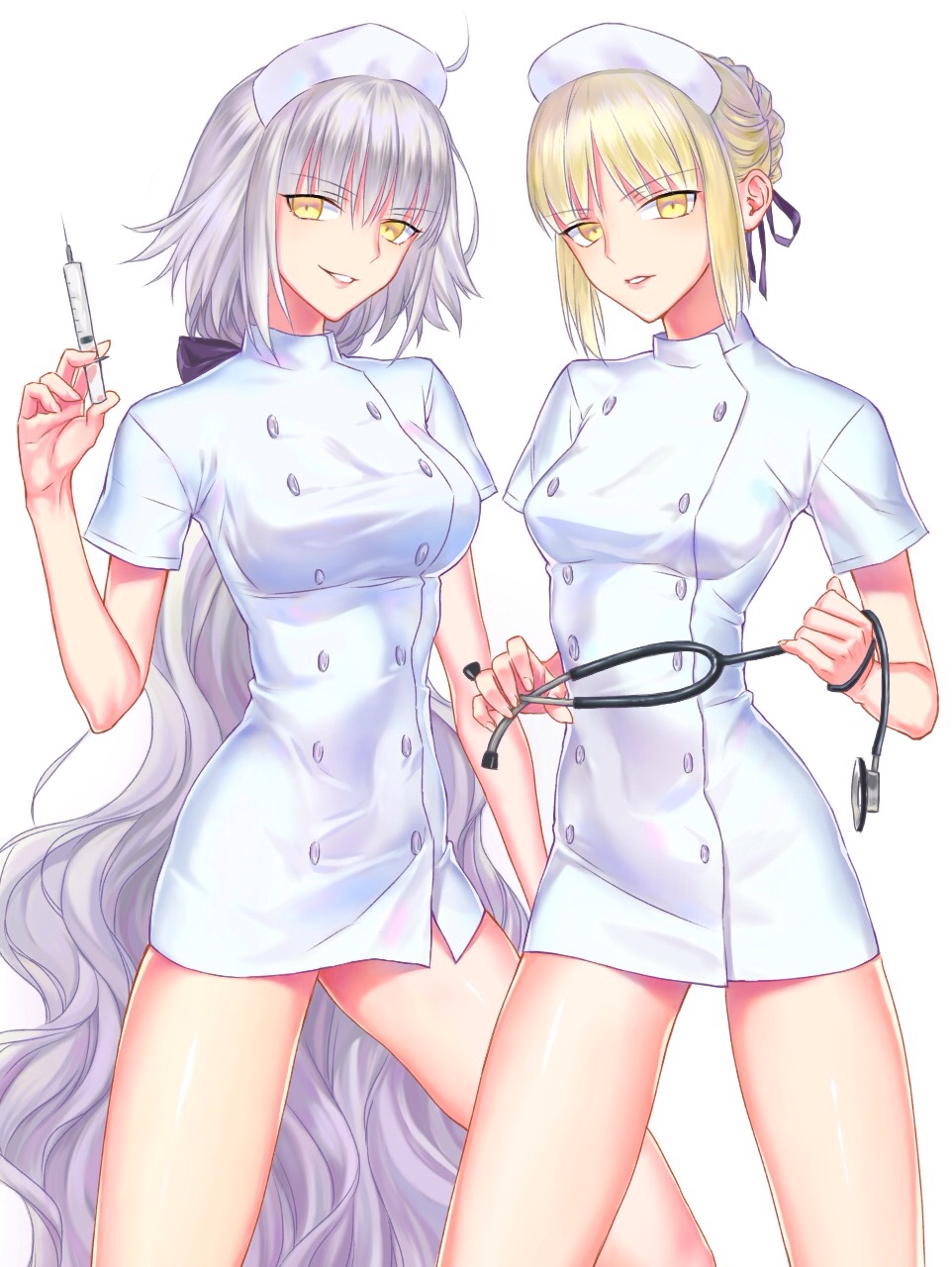 2girls absurdly_long_hair blonde_hair breasts dark_persona fate/grand_order fate/stay_night fate_(series) hat highres jeanne_alter long_hair looking_at_viewer multiple_girls nipi27 nurse nurse_cap ruler_(fate/apocrypha) ruler_(fate/grand_order) saber saber_alter silver_hair simple_background smile stethoscope syringe very_long_hair white_background yellow_eyes