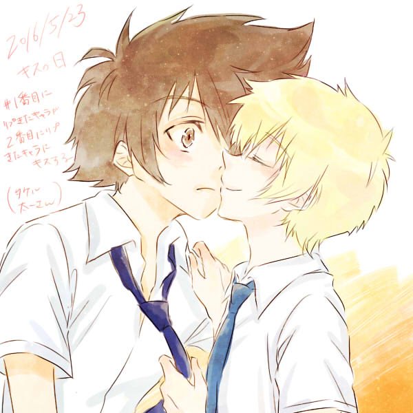 2boys blonde_hair couple digimon digimon_adventure_tri. kiss multiple_boys takaishi_takeru yagami_taichi yaoi