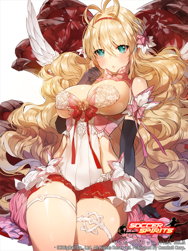 1girl :o antenna_hair arm_at_side bare_shoulders black_gloves blonde_hair blush bow bowtie breasts cleavage copyright_name corset elbow_gloves elua erect_nipples gloves gradient_hair hair_between_eyes hair_bow hairband hand_up large_breasts long_hair looking_at_viewer miniskirt multicolored_hair open_mouth original pink_bow pink_bowtie pink_hair pleated_skirt red_skirt side_cutout simple_background sitting skirt soccer_spirits solo sukja thigh_strap underbust very_long_hair wavy_hair white_background