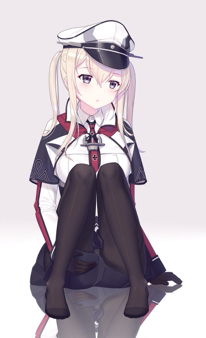 1girl :o anchor_symbol bad_id black_gloves blonde_hair capelet caplet cnm collared_shirt full_body gloves graf_zeppelin_(kantai_collection) hat kantai_collection military military_uniform necktie pale_skin pantyhose peaked_cap pleated_skirt reflection shirt sitting skirt solo twintails uniform violet_eyes white_hat white_shirt