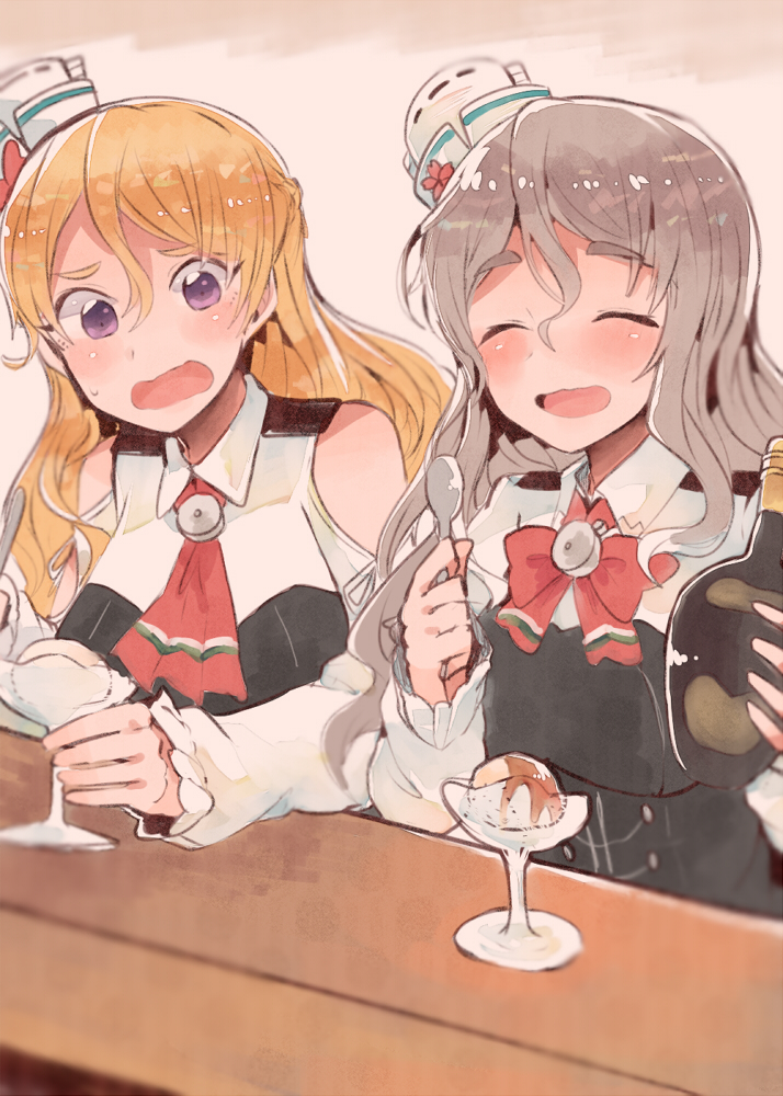 2girls ^_^ blush bow bowtie closed_eyes eyebrows food glass grey_hair hair_between_eyes hat holding holding_bottle holding_spoon ice_cream itomugi-kun kantai_collection long_hair long_sleeves multiple_girls open_mouth pola_(kantai_collection) red_bow red_bowtie shirt thick_eyebrows very_long_hair violet_eyes zara_(kantai_collection)