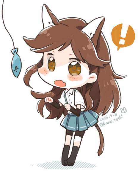 ! 1girl animal_ears arashio_(kantai_collection) arm_warmers bike_shorts black_legwear blush_stickers brown_eyes brown_hair cat_ears cat_tail dated fang fish kano_(coyotehunt) kantai_collection kemonomimi_mode kneehighs long_hair looking_at_viewer open_mouth paw_pose pleated_skirt school_uniform shirt short_sleeves shorts_under_skirt skirt solo spoken_exclamation_mark suspenders tail twitter_username white_shirt