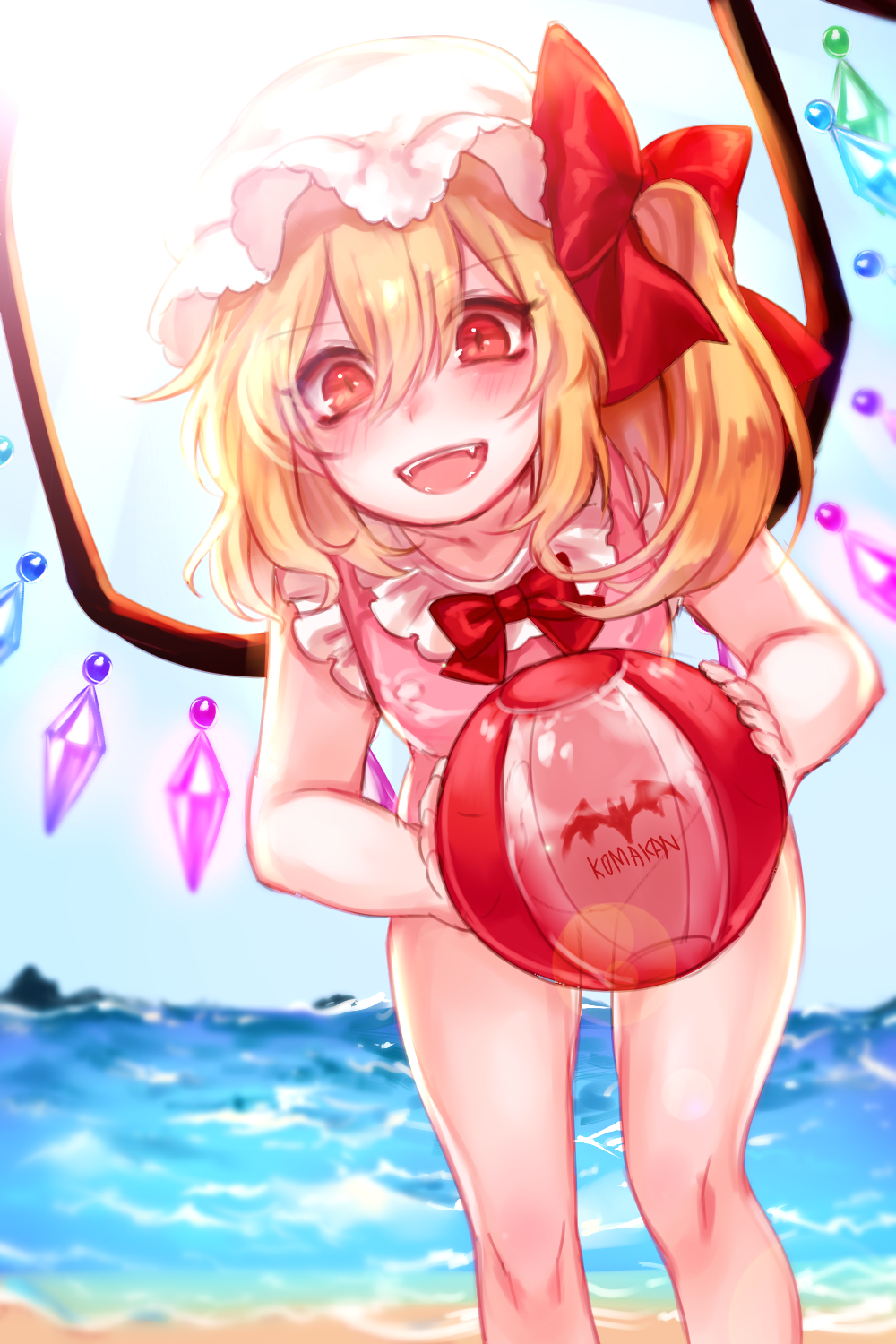 1girl ball beachball bent_over blonde_hair blurry blush crystal fangs flandre_scarlet hair_ribbon hat highres looking_at_viewer mob_cap ocean one-piece_swimsuit open_mouth red_eyes ribbon side_ponytail sky smile solo sunlight swimsuit tis_(shan0x0shan) touhou wings