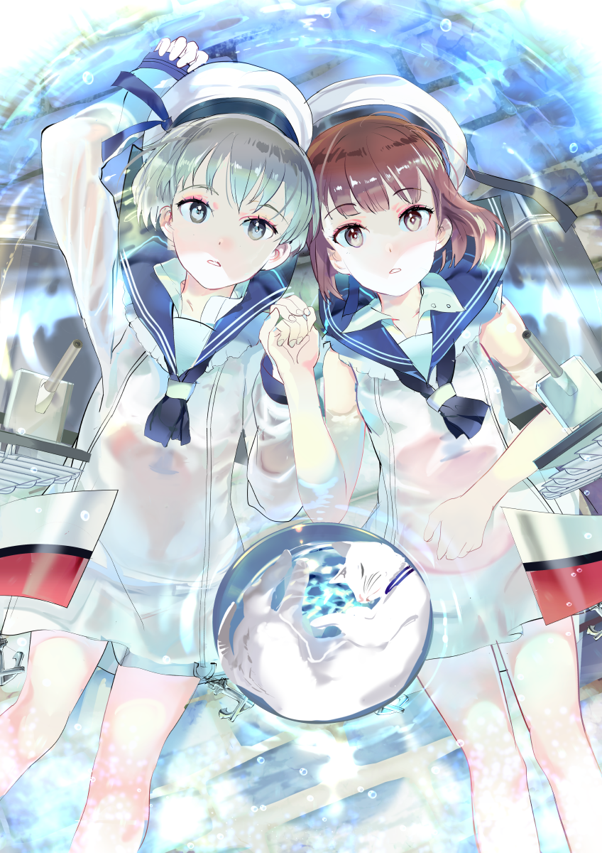 119 2girls :o afloat anchor animal bangs bare_legs beret blunt_bangs brown_eyes brown_hair cannon cat closed_eyes collarbone dress eyebrows eyebrows_visible_through_hair fur green_hair grey_eyes hand_on_own_stomach hat highres kantai_collection long_sleeves looking_at_viewer lying machinery multiple_girls neckerchief no_pants on_back panties parted_lips sailor_dress sailor_hat school_uniform see-through serafuku shirt short_hair sleeping sleeveless sleeveless_dress sleeveless_shirt sleeves_past_wrists turret underwear water wet wet_clothes wet_dress wet_shirt white_cat white_dress white_fur white_hat white_panties white_shirt z1_leberecht_maass_(kantai_collection) z3_max_schultz_(kantai_collection)