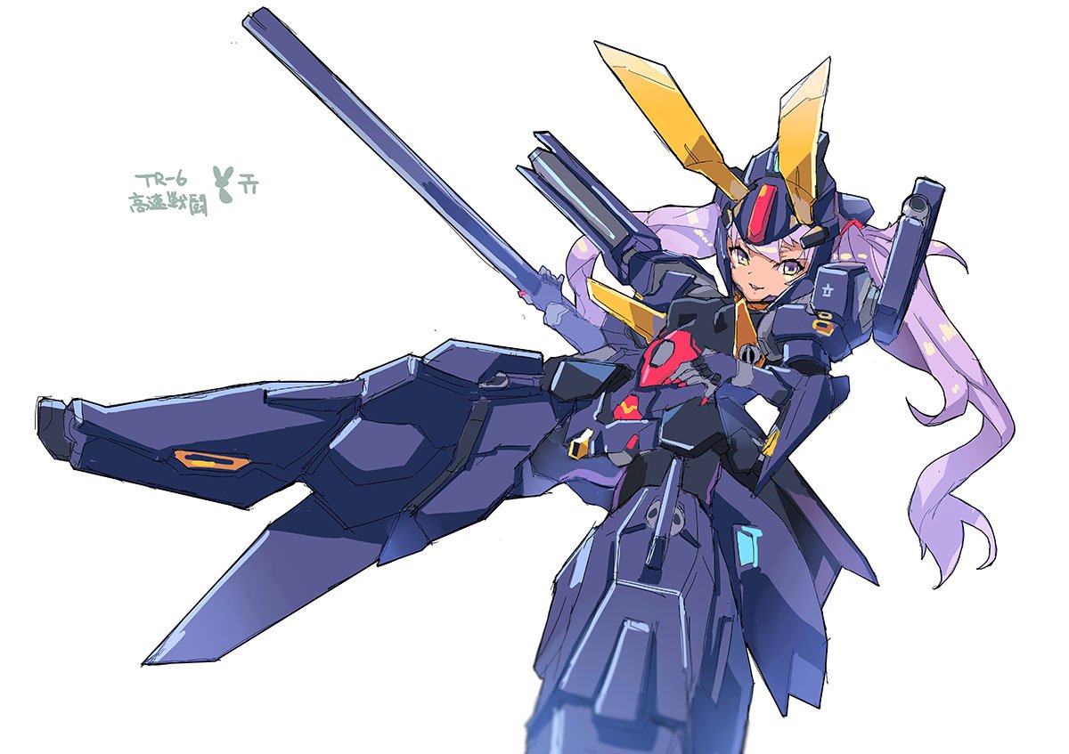 ceda_(dace) green_eyes gundam horns mecha_musume open_mouth purple_hair simple_background twintails woundwort