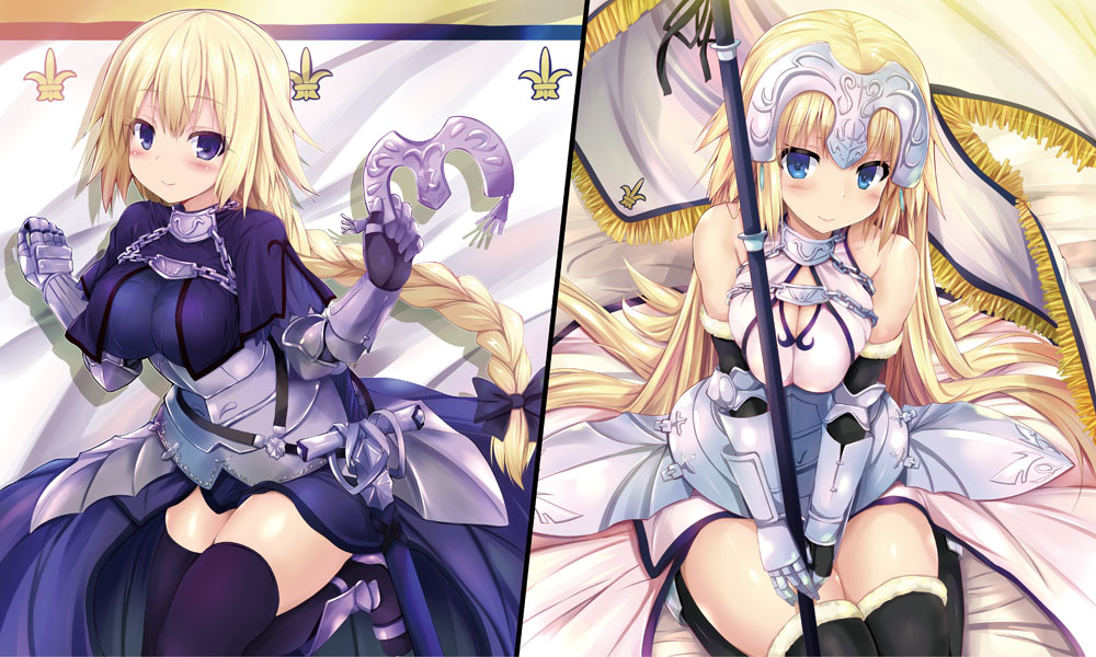 1girl armor armored_dress bare_shoulders black_legwear blonde_hair blue_eyes blush braid breasts capelet cleavage dress fate/apocrypha fate/grand_order fate_(series) faulds flag flagpole fleur_de_lis gauntlets hair_ribbon headpiece headwear_removed large_breasts long_hair looking_at_viewer multiple_views purple_dress ribbon ruler_(fate/apocrypha) ruler_(fate/grand_order) scabbard seiza sen_(astronomy) sheath sheathed single_braid sitting smile sword thigh-highs very_long_hair violet_eyes weapon white_dress