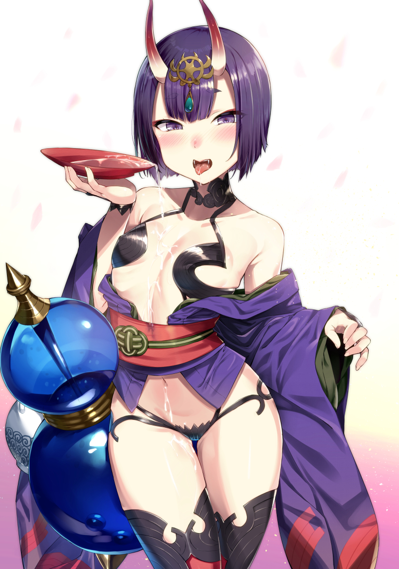 1girl alcohol blush cherry_blossoms dripping fangs fate/grand_order fate_(series) gourd horns japanese_clothes kimono looking_at_viewer off_shoulder omochi_no_kimochi oni oni_horns open_mouth purple_hair sakazuki sake sexually_suggestive short_hair shuten_douji_(fate/grand_order) solo thigh-highs tongue tongue_out violet_eyes