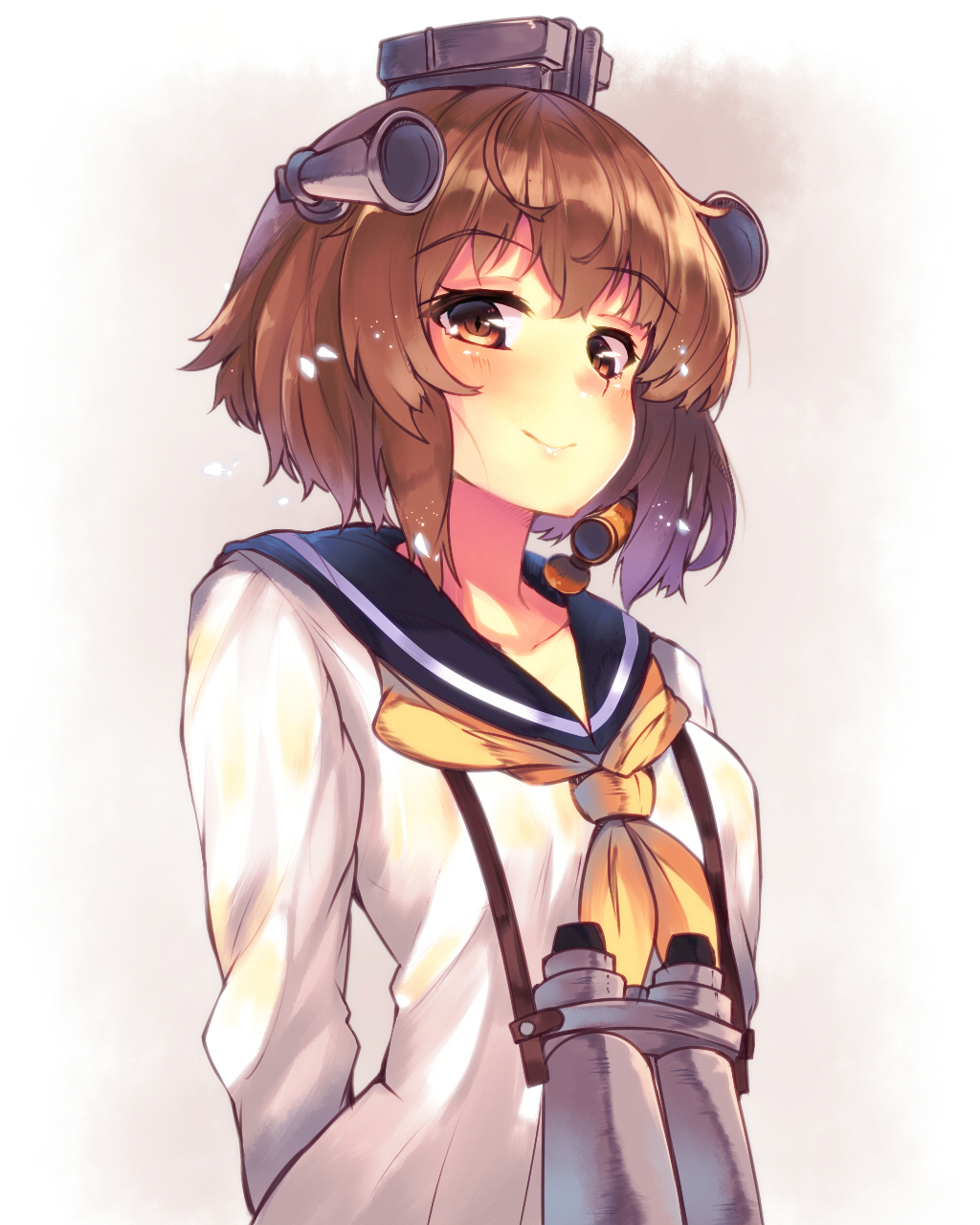 1girl arms_behind_back binoculars blush brown_background brown_eyes brown_hair closed_mouth collarbone eyebrows eyebrows_visible_through_hair grey_hat headgear highres kantai_collection long_sleeves looking_at_viewer mizuyoukan_(mikususannda) short_hair simple_background smile solo tareme upper_body yukikaze_(kantai_collection)