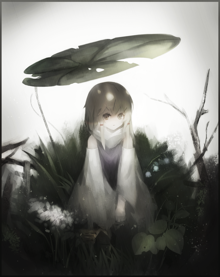 1girl adapted_costume bare_tree blonde_hair border detached_sleeves dress expressionless female flower gradient gradient_background grass gyup91 hair_tie lily_of_the_valley lily_pad looking_at_viewer moriya_suwako muted_color nature plant purple_dress rain short_hair sitting sleeveless sleeveless_dress solo touhou tree turtleneck wide_sleeves yellow_eyes