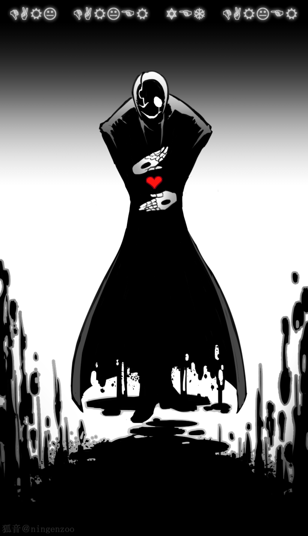 1boy artist_name crack darkness detached_hand dripping evil_smile full_body gradient gradient_background heart ko-on_(ningen_zoo) limited_palette liquid male_focus monochrome shaded_face skeleton smile solo spot_color trench_coat undertale w.d._gaster wingdings