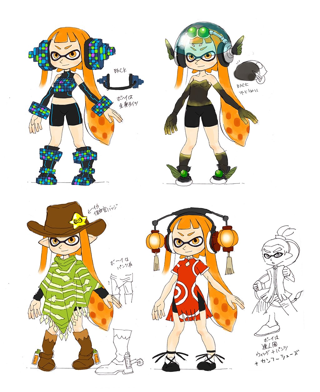 1boy 1girl alternate_costume bike_shorts boots china_dress chinese_clothes cowboy_boots cowboy_hat dress earmuffs earphones elbow_gloves gloves green_dress hair_ornament hat highres inkling orange_eyes orange_hair poncho red_dress sleeveless splatoon spurs translation_request yuta_agc