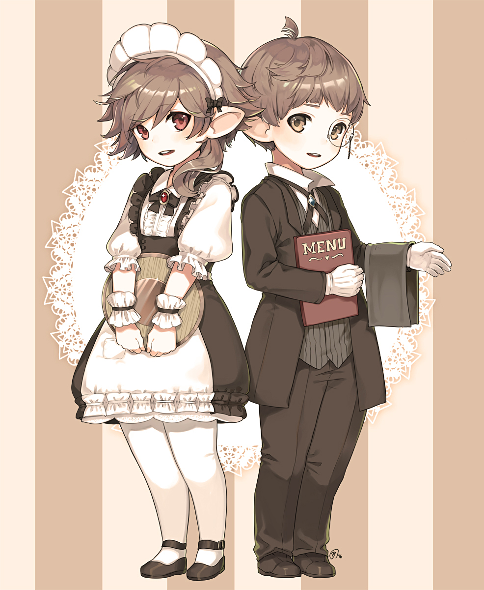 1boy 1girl apron brown_eyes brown_hair butler final_fantasy final_fantasy_xiv formal full_body gloves highres lalafell looking_at_viewer maid maid_apron maid_headdress menu monocle naguri pointy_ears red_eyes striped striped_background suit white_gloves white_legwear