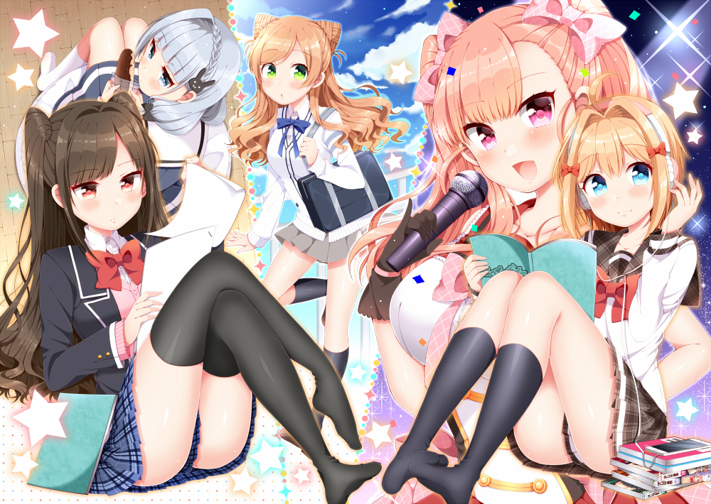 5girls ayase_suzu bag black_gloves black_hair black_legwear blazer blonde_hair blue_eyes book bow brown_hair bunny_hair_ornament cardigan eclair_(food) gloves green_eyes hair_bow hair_ornament headphones heroine_voice jacket kneehighs legs_crossed long_hair looking_at_viewer microphone multiple_girls open_mouth pink_hair red_eyes school_bag school_uniform short_hair silver_hair sitting skirt smile star thigh-highs tsukudani_norio two_side_up violet_eyes