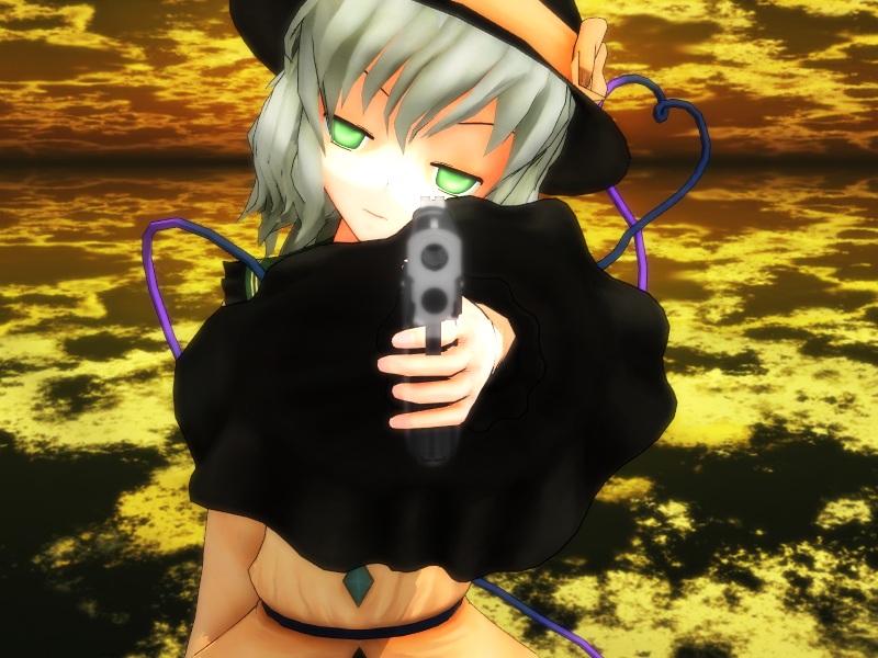 1girl 3d green_eyes gun hat komeiji_koishi mikumikudance solo touhou weapon