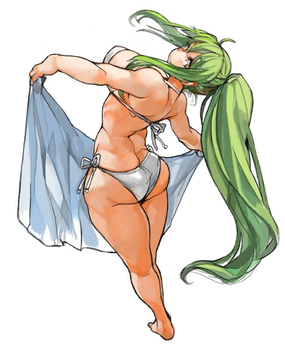 1girl ass barefoot bikini breasts butt_crack full_body green_hair head_tilt high_ponytail highres holding large_breasts long_hair looking_back original ponytail sachito side-tie_bikini simple_background solo sumi-chan_(sachito) swimsuit thick_thighs thighs towel very_long_hair white_background white_bikini yellow_eyes